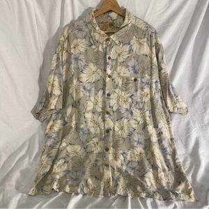 Caribbean Men's Silk Floral Button Down Shirt - Cream and Blue